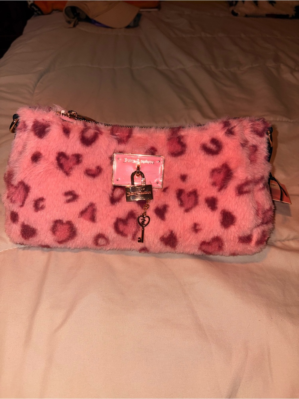 Juicy Couture Pink Leopard Faux Fur Clutch with Gold Lock Charm